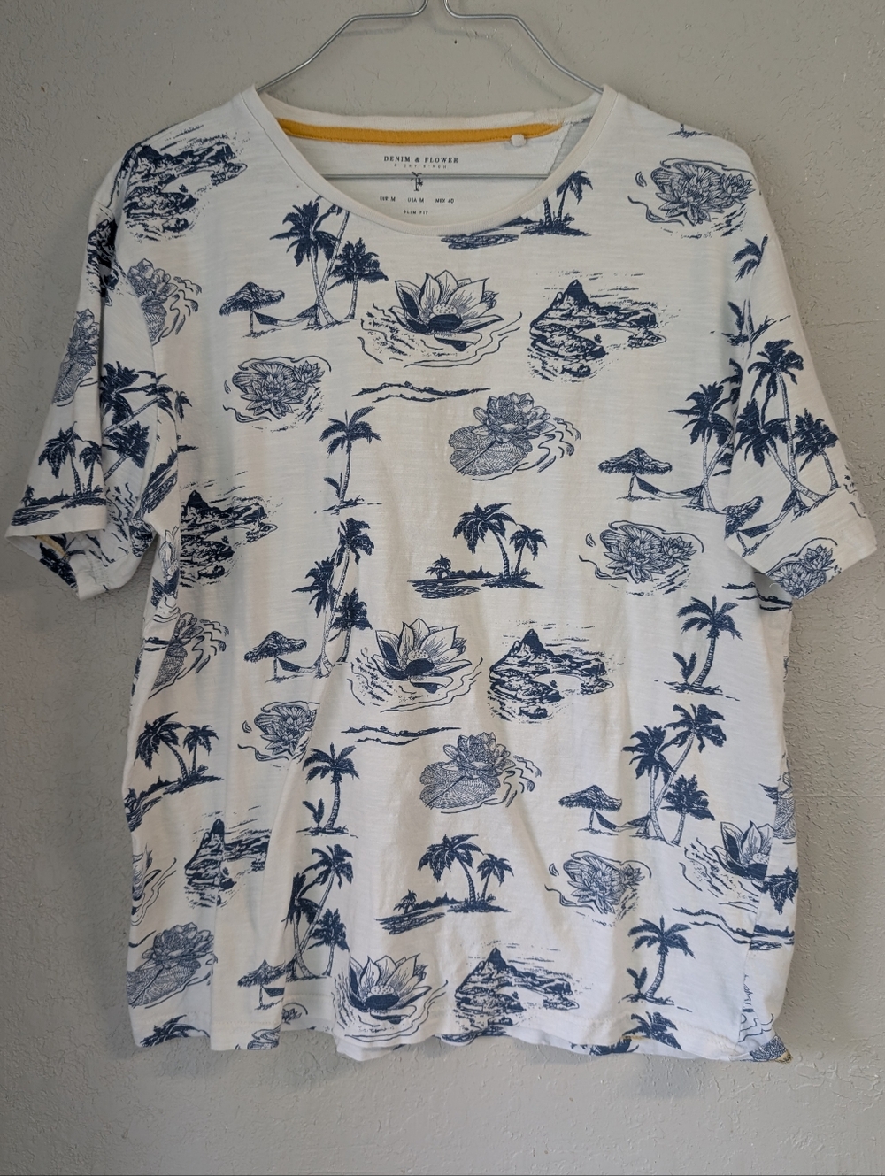 Denim & Flower Shirt S Tropical Coconut Vacation Palm Tree Beach Hawaii Indie